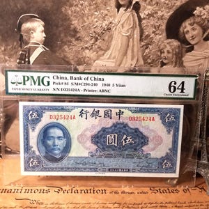 China 5 YUAN 1940 Drucker ABNC PMG 64 Zertifizierte Banknote.