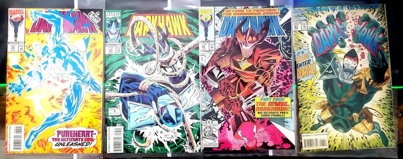 May include: Four comic books featuring the superhero Darkhawk. The covers are all different and feature various illustrations of the character in action. The covers are all in bright colors and feature the title "Darkhawk" in large, bold letters.