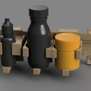 May include: A tan-colored wall-mounted organizer holding three containers: a black dropper bottle, a black bottle with a cap, and a yellow jar with a lid. The organizer has a simple, geometric design.