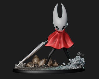 May include: A detailed figurine of a character from the video game Hollow Knight. The figure features a white mask, red cape, and a large silver needle. The base includes small details and a dark gray background.