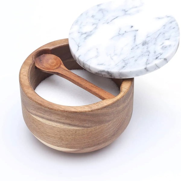 Acacia Wood Salt Cellar with Marble Lid