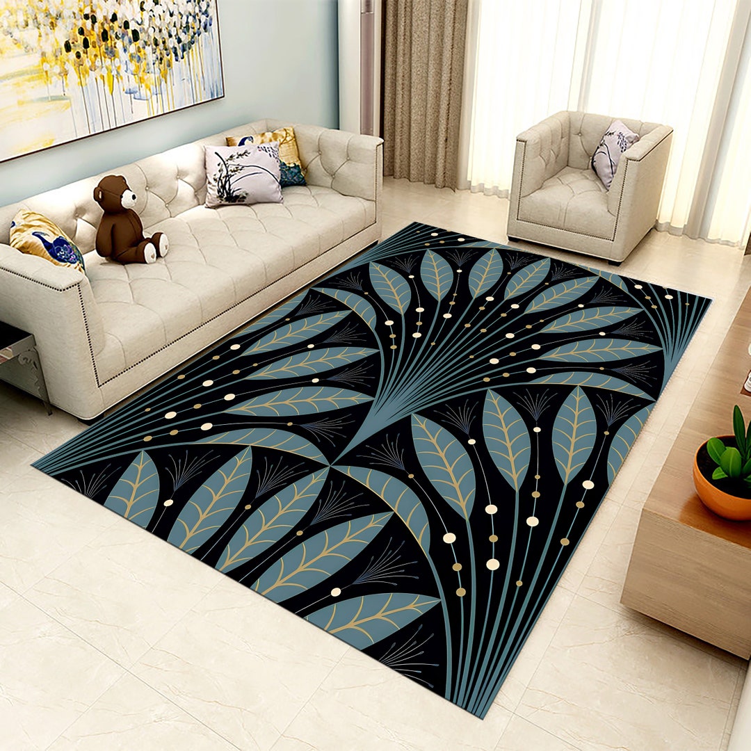 Art Deco Style Area Rug,flat Design Art Deco,golden Elements on Black