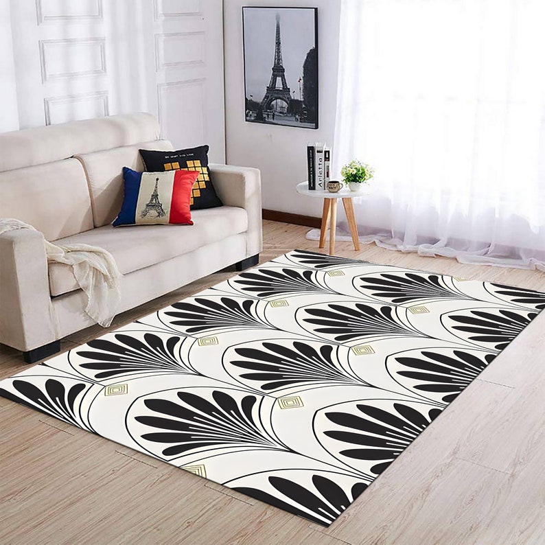 Art Deco Style Area Rug, Flat Design Art Deco, Golden Elements on White