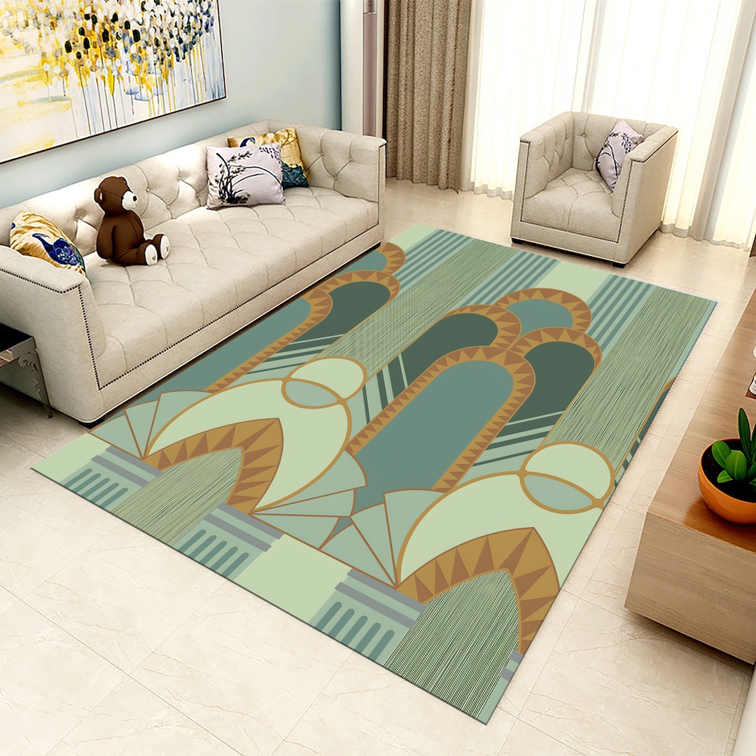 Art Deco Style Area Rug,flat Design Art Deco,golden Elements on Green Background Print Carpet