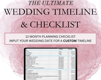 May include: A laptop computer screen displaying a wedding planning checklist with a pink watercolor background. The checklist includes categories such as venue, photography, and music, with corresponding due dates.
