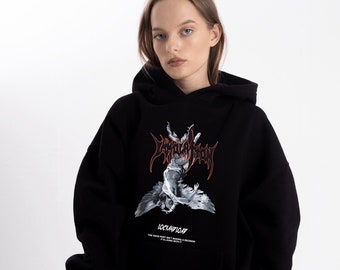 Angel Graphic Design Printed Hoodie, Minimalist Aesthetic Hoodie, Y2k Style Sweatshirt, Oversize Kangaroo Pocket Hoodie, Black Sweatshirt