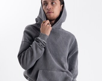 Gray Distressed Hooded Sweatshirt, Unisex Sweater, Streetwear Oversize Kangaroo Pocket Hooded Top, Basic Hoodie with Pocket Sweatshirt