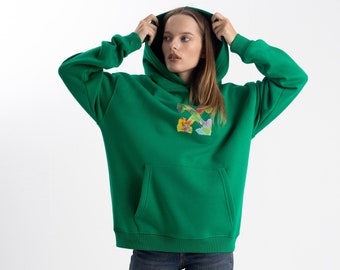 Green Kangaroo Pocket Warm Polar Hoodie, Unisex Oversize Sweatshirt, Embroidered Cotton  Hoodie, Casual Outdoor Sweatshirt