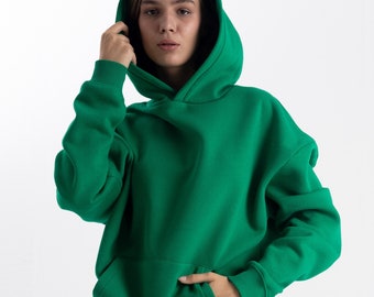 Emerald Green Kangaroo Pocket Hoodie, Green Hooded Sweatshirt, Unisex Oversize Sweatshirt, Basic Warm Polar and Cotton Sweatshirt