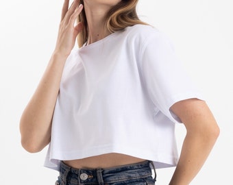 White Crop Top Tee, Basic Woman Crop, Oversize Basic T-Shirt, Sporty and Fitnes Clothing, Crew Neck Soft Tee, Daily Comfort Fashion Top