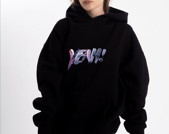 Black 'YEAH' Print Hoodie, Black Kangaroo Pocket Oversize Sweatshirt with Print, Unisex Hoodie with 'YEAH' Print in Black