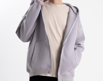 Gray Zipper Hooded Jacket, Unisex Oversize Street Style, Gray Hooded Sweatshirt Sportswear, Kangaroo Pocket Zipper Jacket