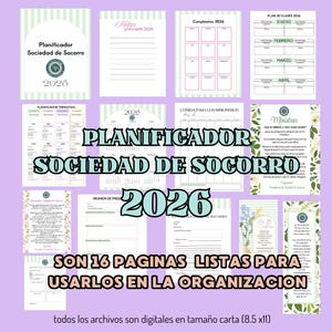 Puede incluir: Un conjunto de páginas de planificador digital para 2026, con diseños para la Sociedad de Socorro. Las páginas incluyen secciones para metas, cumpleaños, planes de clase y más. El texto dice "Planificador Sociedad de Socorro 2026".