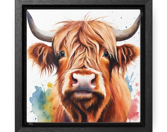 Highland Cow boerderij kunst aan de muur, Engelse Highland Cow, canvas wrap, cadeau voor boer, vierkante lijst fotoprint, woondecoratie