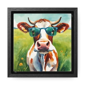 Englische Kuh, lustige Kuh-Wand-Kunst, Kuh mit Brille Wand-Kunst, gerahmte Kuh-Kunst, Galerie-Leinwand, quadratischer Rahmen