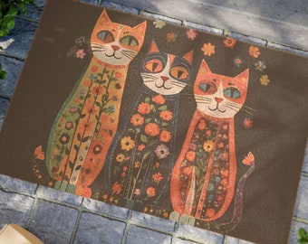 Folk Art Cats Doormat, Funky Cat Welcome Mat, Unique Cat Lover Gift, Colorful Entry Rug, Whimsical Front Door Decor, Boho Cats doormat