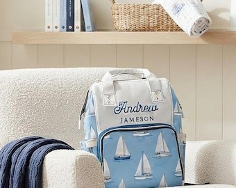 Sailboat Diaper Bag Backpack Personalized Name Baby Shower Gift Nautical Baby Bag Custom Baby Backpack Sailing Family Baby Gift New Mom Bag