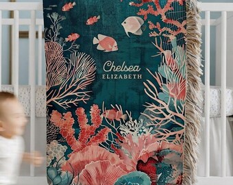 Under the Sea Baby Blanket Personalized Name Coral Reef Nursery Decor Custom Baby Shower Gift Ocean Nursery Decor Baby Girl Newborn Blanket