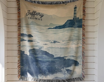 Beach House Throw Blanket Personalized Name Lighthouse Coastal Decor Custom Name Ocean Gift Coastal Home Decor Fringe Blanket Wall Art