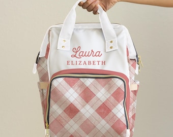 Plaid Diaper Bag for Baby Gift Backpack Personalized Name Baby Girl Shower Gift Custom Baby Bag Mommy Backpack New Mom Gift Pink Baby Bag