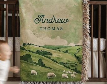 Christian Baby Blanket Personalized Name Baby Shower Gift Sheep Nursery Decor Custom Name Blanket Farm Baby Gift Countryside Newborn Blanket