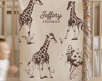 Giraffe Baby Blanket Personalized Name Baby Shower Gift Giraffe Nursery Decor Safari Baby Gift Custom Name Blanket Newborn Fringe Blanket