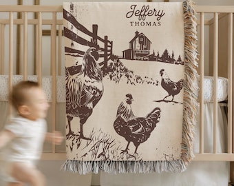 Farmhouse Baby Blanket Personalized Name Baby Shower Gift Chicken Nursery Decor Custom Name Blanket Farm Baby Gift Newborn Fringe Blanket