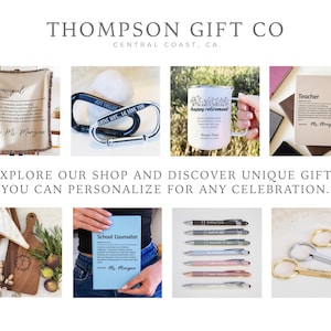 May include: A promotional image displaying a range of personalised gifts. Items include a Principal blanket, carabiners, a mug with "happy retirement", a Teacher definition card, cutting boards, a School Counselor card, pens, and keychains. The Thompson Gift Co. logo is at the top.
