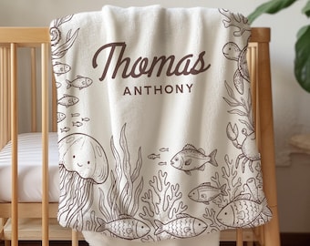 Custom Ocean Baby Blanket Personalized Baby Name Blanket Ocean Theme Nursery Baby Shower Gift for Newborn Gender Neutral Baby Gift