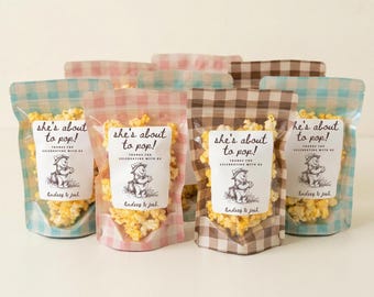 Classic Storybook Bear Baby Shower Favors Popcorn Bags Personalized Storybook Baby Shower Decor Gingham Favor Bags Pink Brown Blue Party