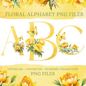 Alfabeto floral amarillo Clipart de letras Clipart de letras florales PNG Clipart de boda Clipart de alfabeto de acuarela Clipart de invitación de flores