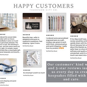 May include: A webpage showcasing customer reviews for Thompson Gift Co. Products include a baby blanket with a nautical design, a personalised sign, engraved pens, and a baby blanket. The text reads "Happy Customers".