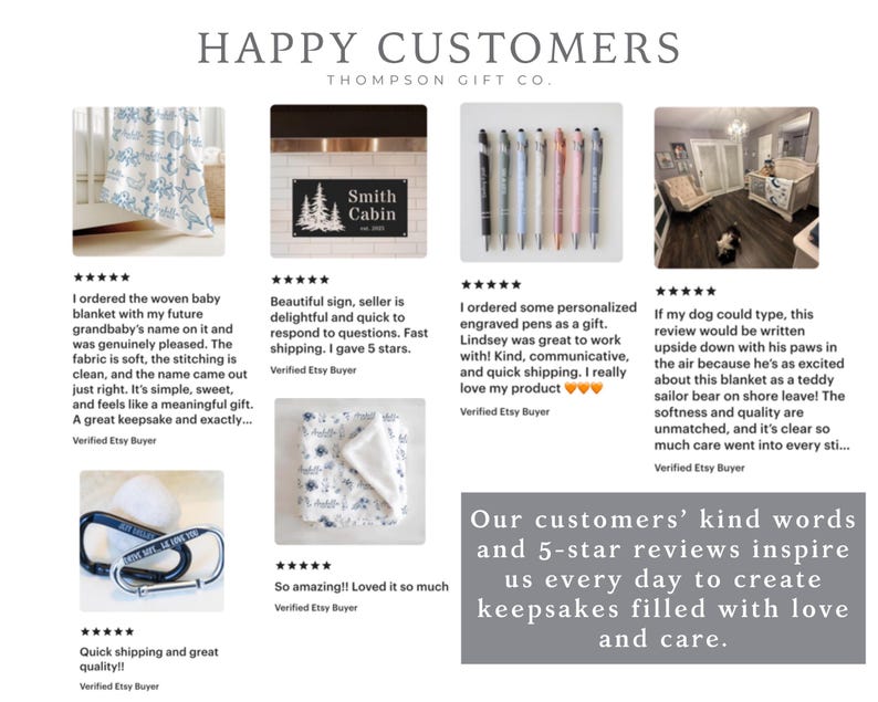 May include: A webpage showcasing customer reviews for Thompson Gift Co. Products include a baby blanket with a nautical design, a personalised sign, engraved pens, and a baby blanket. The text reads "Happy Customers".