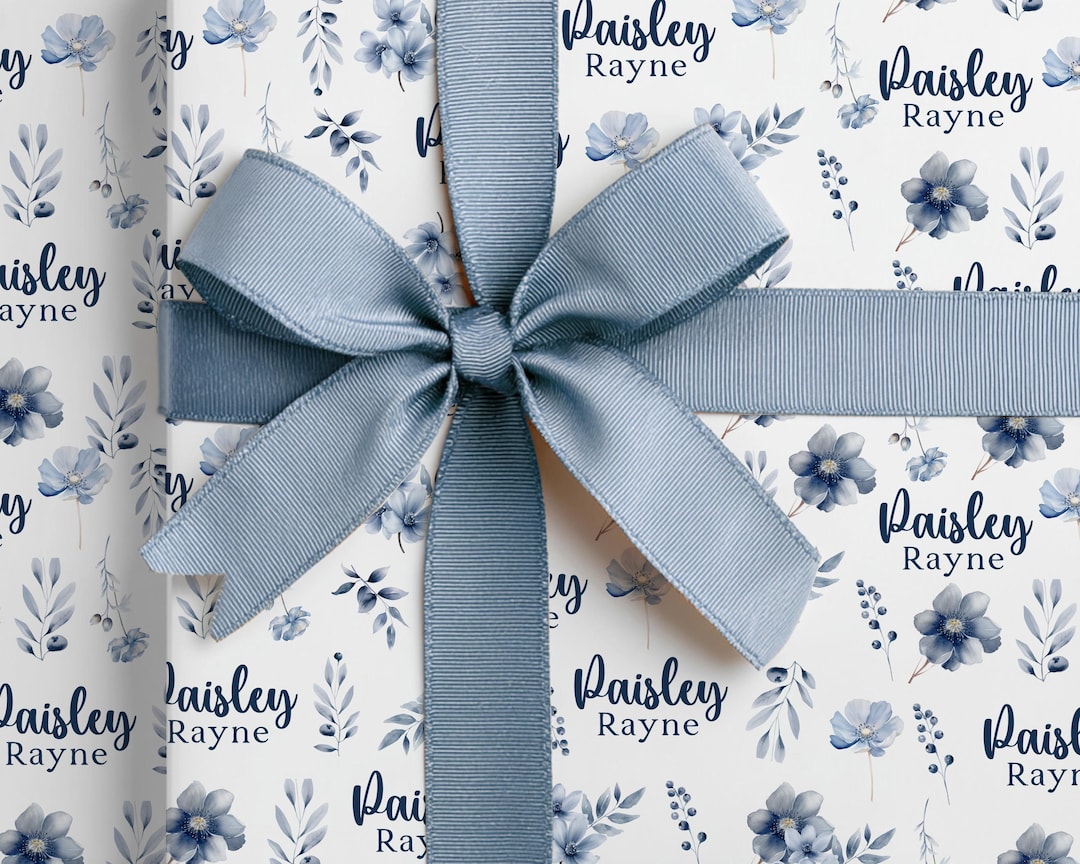 Personalized Gift Wrap Custom Name Wrapping Paper Blue Floral Design ...