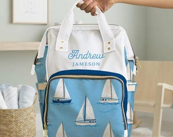 New Mom Nautical Backpack Diaper Bag Personalized Name Sailboat Pattern Baby Shower Gift Custom Coastal Baby Bag Sailing Family New Mom Gift
