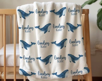 Ocean Baby Blanket Personalized Name Whale Nursery Decor Custom Baby Shower Gift Coastal Baby Name Blanket Whale Baby Newborn Fringe Blanket