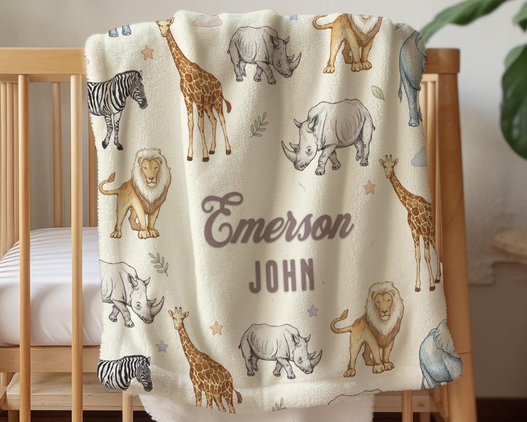 Personalized Safari Baby Nursery Blanket Custom Name Jungle Animal ...
