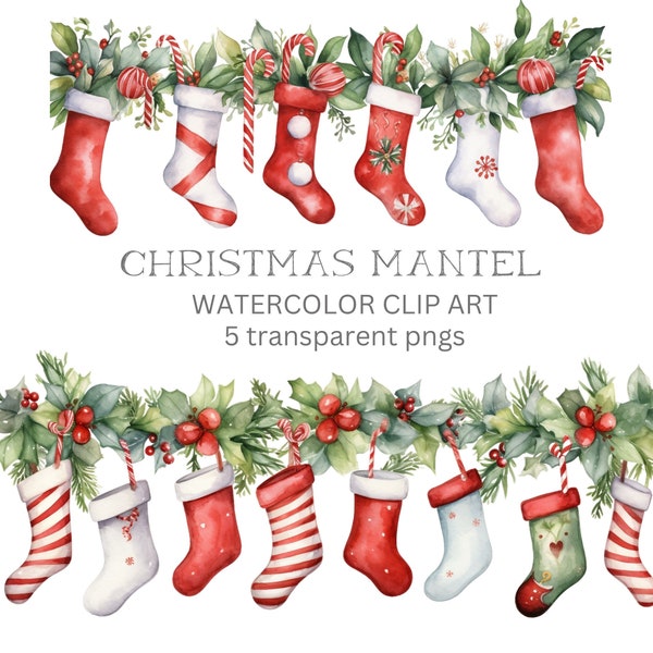 Christmas Stocking Watercolor Clipart, Boho Christmas Tree Clipart, Vintage Christmas Tree Art, Wedding Watercolor Clipart, Stocking Clipart