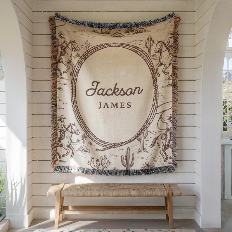 May include: A beige woven throw blanket with a western theme, featuring cowboys on horseback, cacti, and a rope design. The blanket has the name "Jackson JAMES" in a brown script font. The edges are fringed.