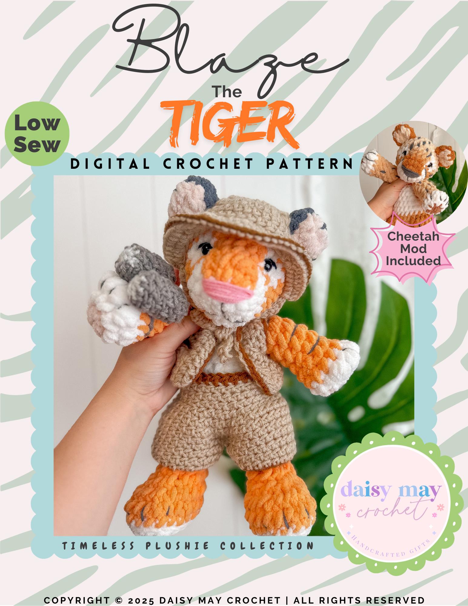 Blaze the Tiger with Accessories Crochet PATTERN l Cheetah Mod l Low Sew l Crochet Tiger l Crochet Pattern