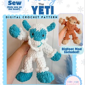 May include: Digital crochet pattern for a Frosty the Yeti plushie. The plushie is white and blue, with a smiling face and large feet. The image includes a Bigfoot mod option. Text on the image says "Low Sew" and "Timeless Plushie Collection."