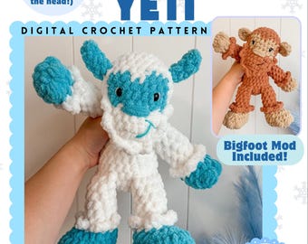 May include: Digital crochet pattern for a Frosty the Yeti plushie. The plushie is white and blue, with a smiling face and large feet. The image includes a Bigfoot mod option. Text on the image says "Low Sew" and "Timeless Plushie Collection."