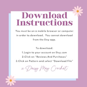 Peut inclure: Graphique lilas avec le texte "Instructions de t&eacute;l&eacute;chargement" dans une police d&eacute;corative. Des instructions sont fournies pour t&eacute;l&eacute;charger un fichier depuis Etsy, notamment la connexion, la navigation vers "Avis et achats" et la s&eacute;lection de "T&eacute;l&eacute;charger le fichier".