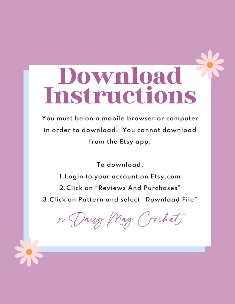 Peut inclure: Graphique lilas avec le texte "Instructions de t&eacute;l&eacute;chargement" dans une police d&eacute;corative. Des instructions sont fournies pour t&eacute;l&eacute;charger un fichier depuis Etsy, notamment la connexion, la navigation vers "Avis et achats" et la s&eacute;lection de "T&eacute;l&eacute;charger le fichier".