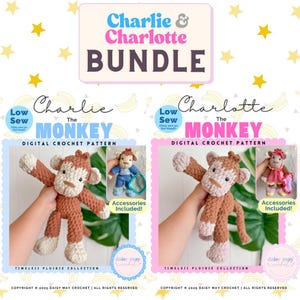 Peut inclure: Un ensemble de patrons de crochet num&eacute;riques avec deux singes en peluche, "Charlie" et "Charlotte". L'image montre les peluches finies en marron et cr&egrave;me, avec des accessoires. Le texte comprend "Timeless Plushie Collection" et "Accessoires inclus !"