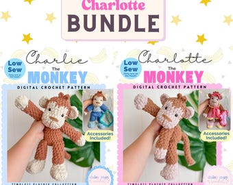 BUNDLE Crochet Monkey Plushie with Pajamas Pattern/ Low Sew/ Cute Crochet Pattern/ Amigurumi Pattern/Pajamas Crochet Accessory Pattern