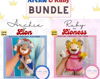 Lot de peluche lion au crochet avec motif roi et reine/ couture basse/ joli motif au crochet/ motif Amigurumi/ motif accessoire au crochet royal