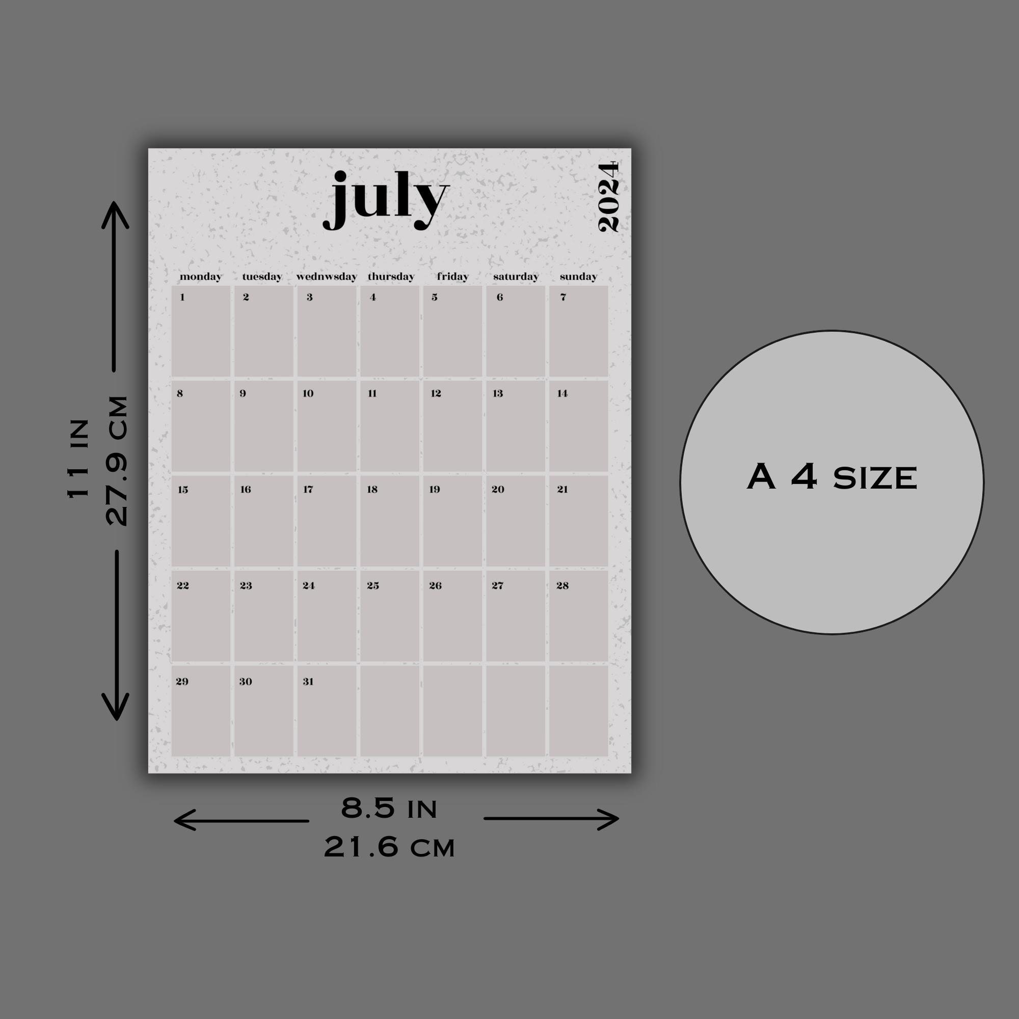 Calendario Imprimible 2024 / Calendario Mínimo / Carta A4 / Calendario