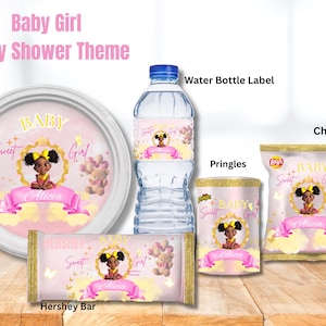 Baby Girl Baby Shower Party Favors Set – Custom Chip Bags, Water Labels, Candy Wrappers | Princess Pink, Yellow & Gold Theme Treats