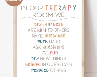 Puede incluir: Un póster imprimible con el texto "En nuestra sala de terapia nosotros..." y una lista de afirmaciones positivas en texto de colores, incluyendo "hacer nuestro mejor esfuerzo", "ser amables con los demás", "cometer errores", "trabajar duro", "hacer preguntas", "divertirse", "probar cosas nuevas", "creer en nosotros mismos" y "respetar a los demás".